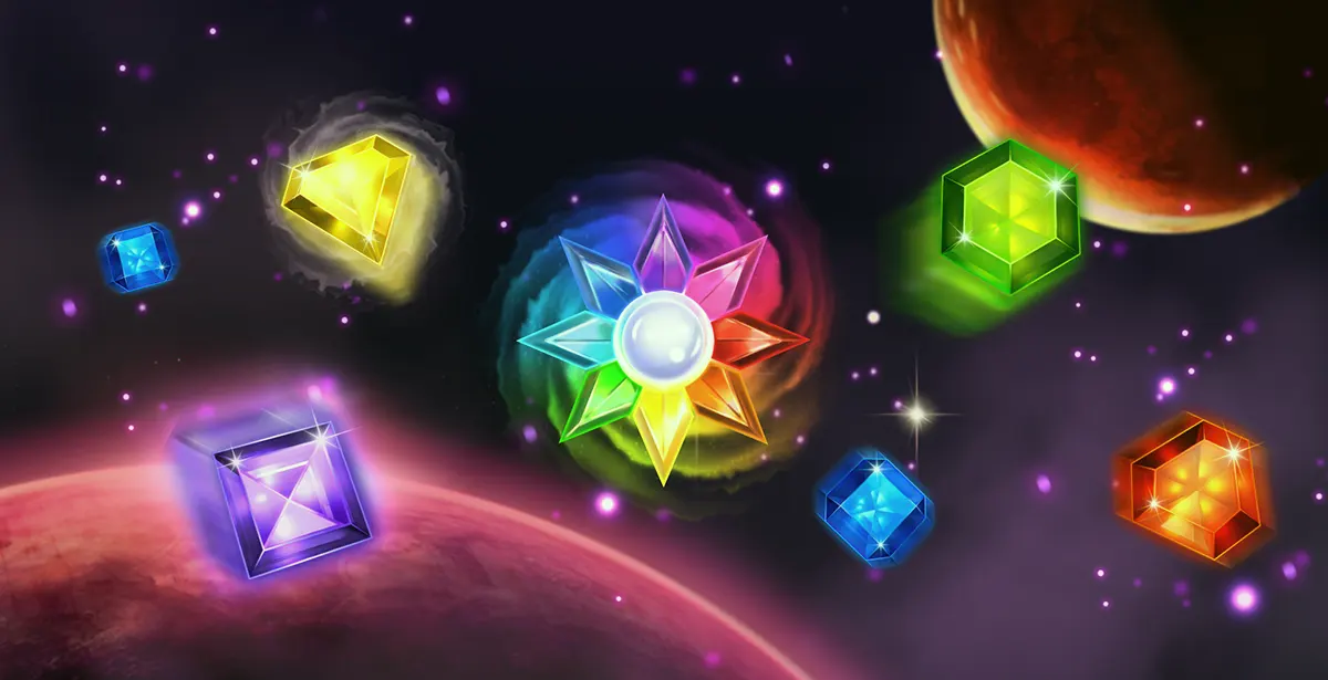 Space-themed Starburst artwork showing a glowing multicoloured star gem in the centre surrounded by floating sparkling gemstones in different colours, with planets and starry purple space in the background.